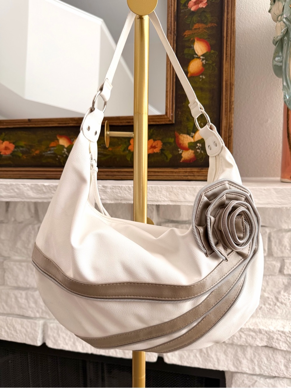 White Taupe Zipper Rose Hobo Shoulder Bag Y2K Statement Purse